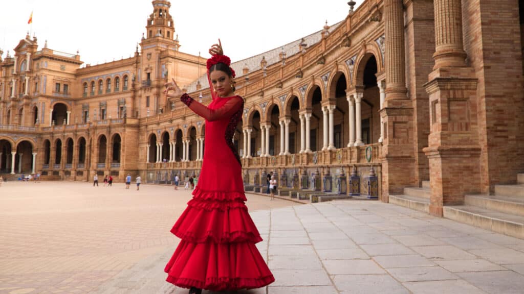 Spain. Flamenco dancer in red dress.