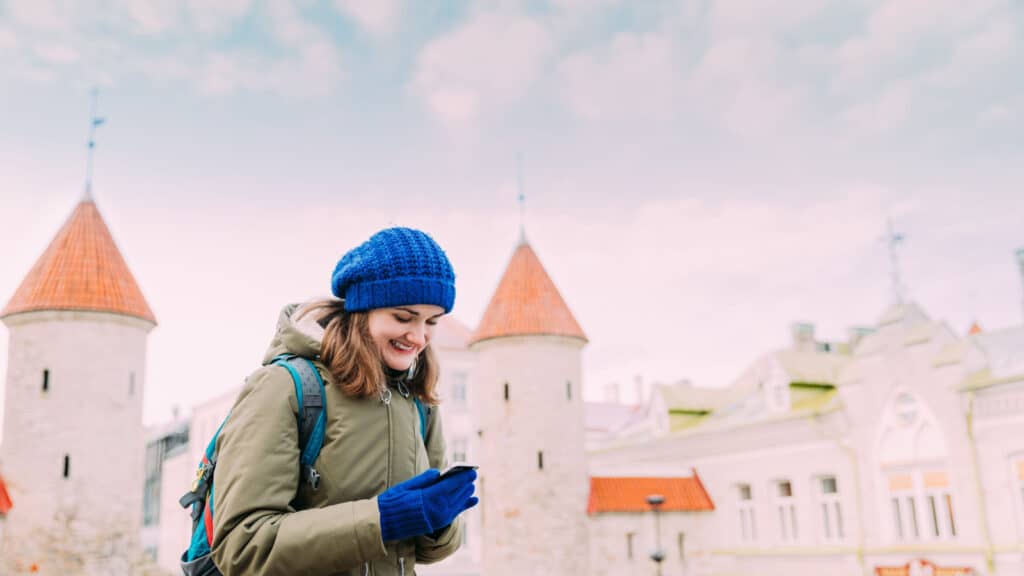 Woman in blue hat in Estonia. 