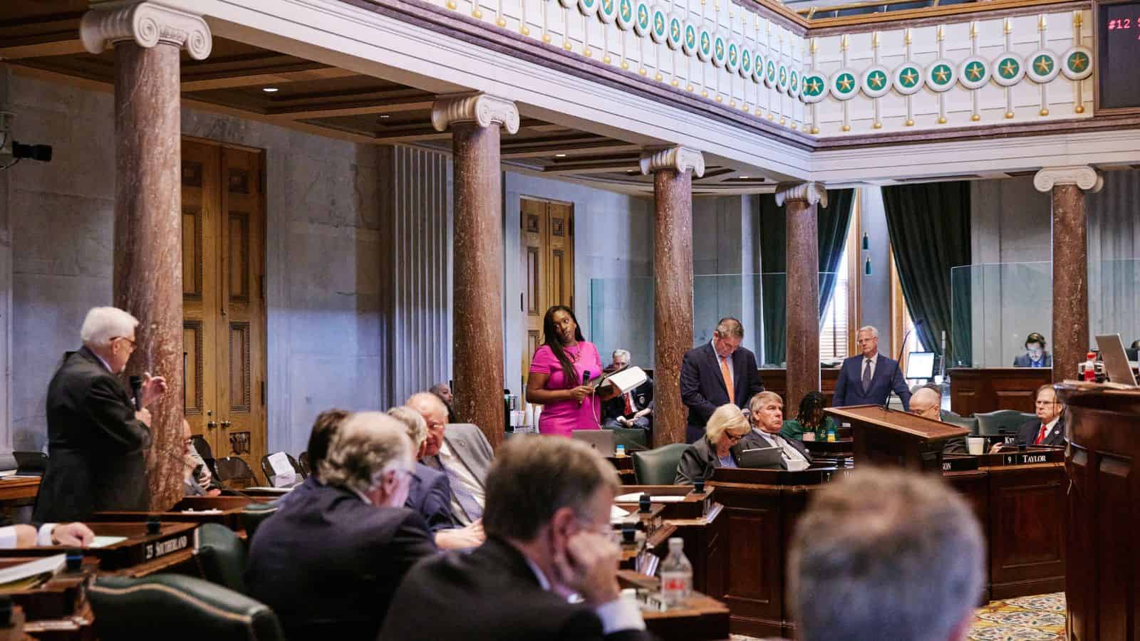 Sen. London Lamar speaks on the Tennessee Senate chamber floor to support an amendment to a state abortion bill.