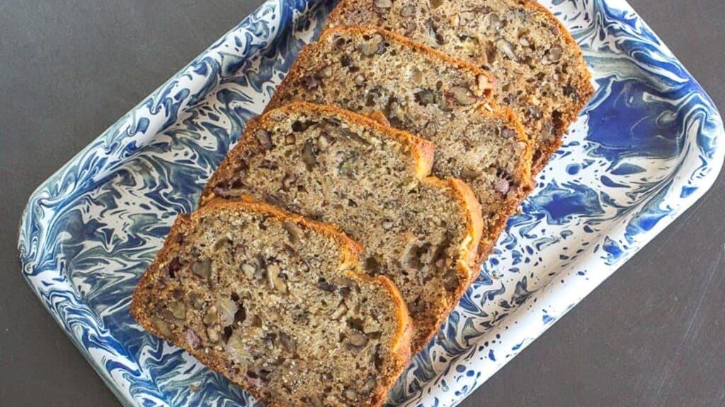 reduced-sugar-banana-bread-on-blue-and-white-platter-2.