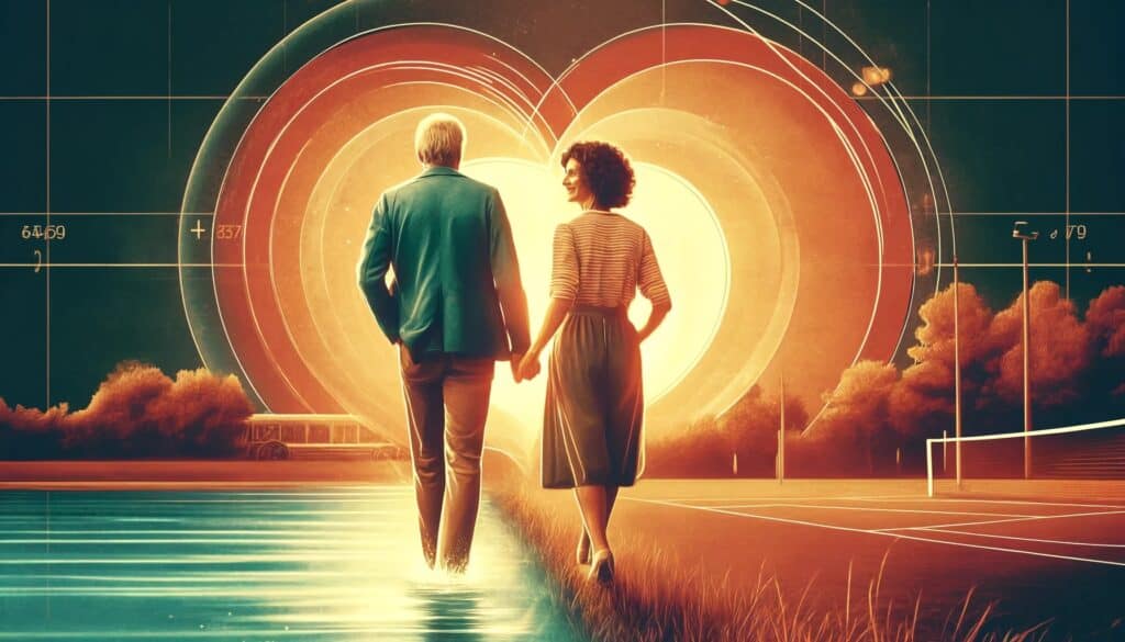 DALL·E 2024-05-17 13.32.48 - A mature couple walking hand-in-hand by a serene river, with a warm, nostalgic glow, representing a magnetic connection and enduring love.