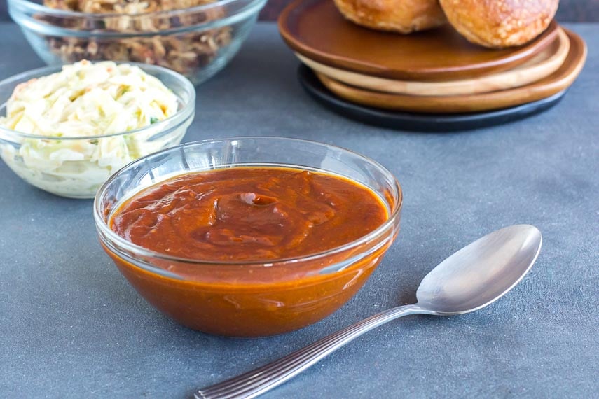Hot-and-Tangy-BBQ-sauce-in-glass-dish-with-spoon.