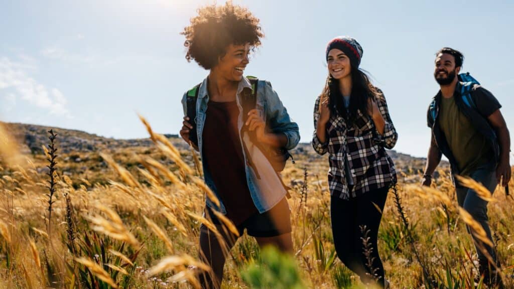 Young friends, hiking. 