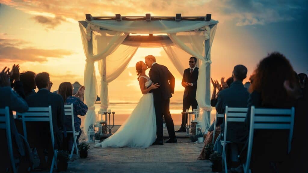sunset wedding kiss. 