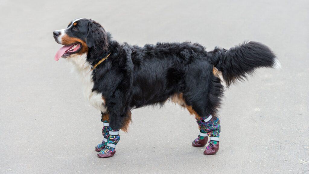 Dog wearing booties. 