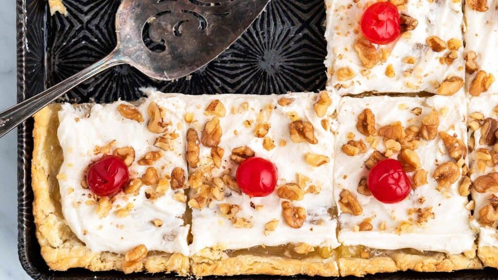 top-view-of-sliced-pineapple-bars-in-vintage-pan.