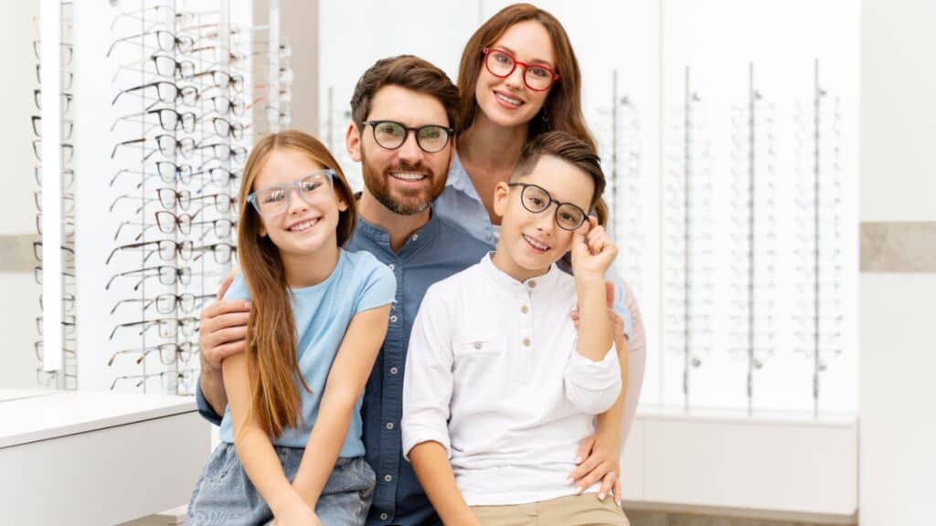 Family shopping for eyeglasses.