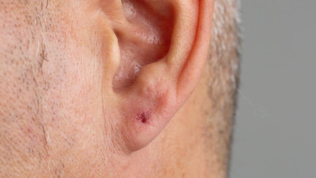 Man with ear piercing infection.