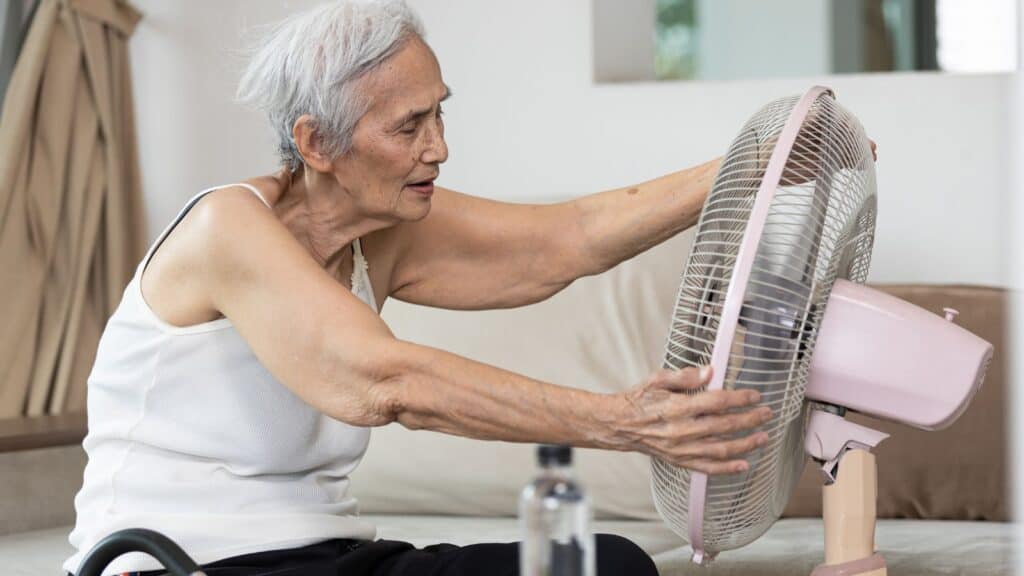 old woman with fan - heat - hot 