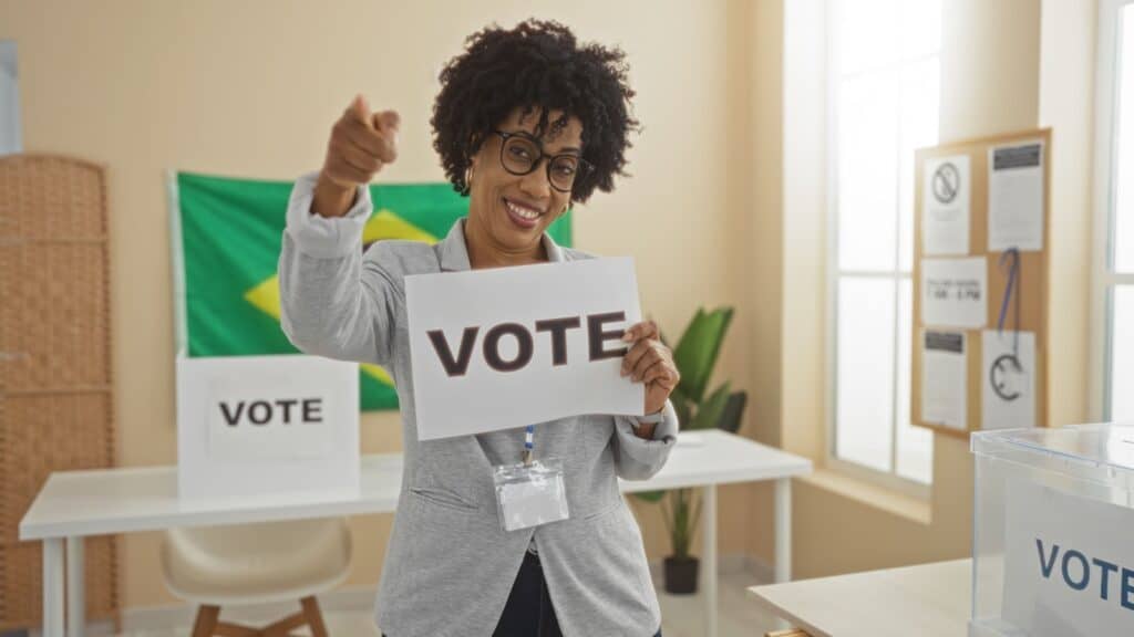 woman encouraging us to vote.