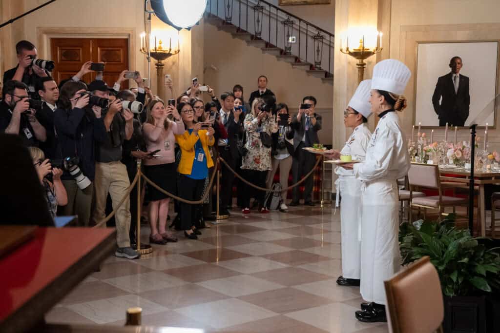 Executive Chefs Cristeta Comerford and Susie Morrison give a preview of the menu for the next day’s State Dinner for Japan, Tuesday, April 9, 2024, in the Cross Hall of the White House.(Official White House Photo by Erin Scott ).