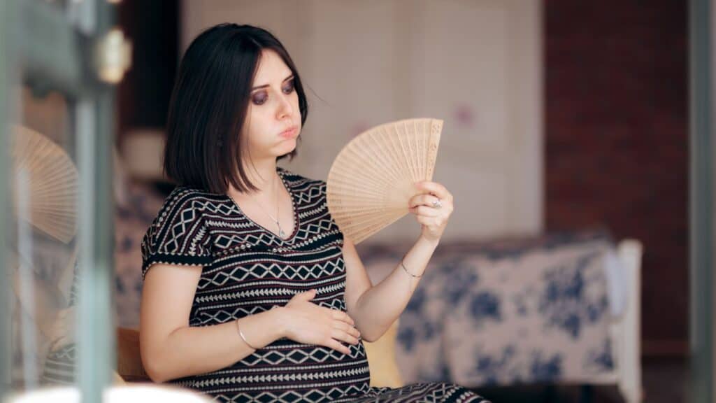 Hot pregnant woman. Fan.