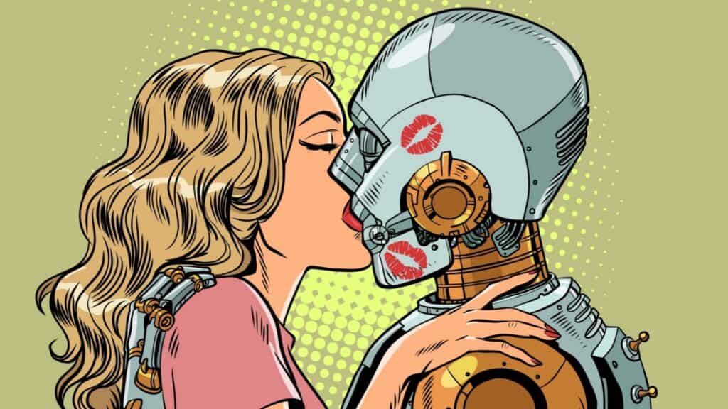 woman kissing a robot AI