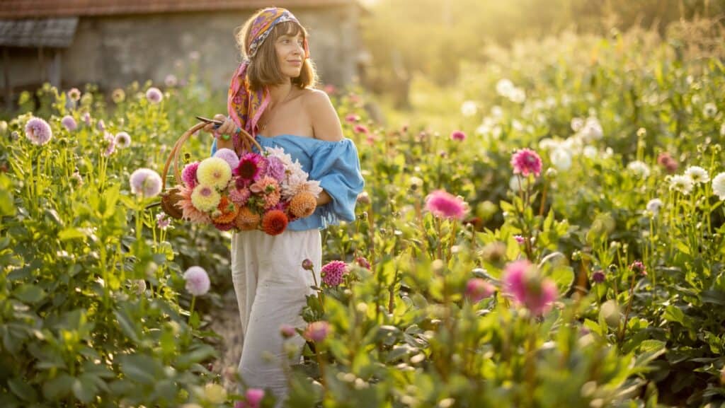 woman with flowers. garden.