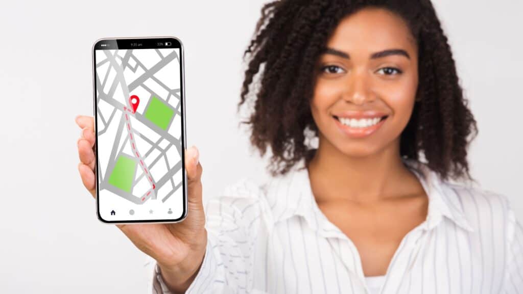 woman with GPS safety app.